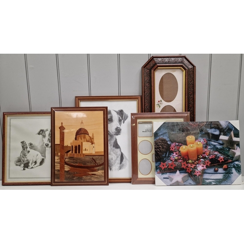 5851 - Two framed pencil prints of Jack Russells, a framed marquetry Venetian scene, a XMAS scene canvas pr... 