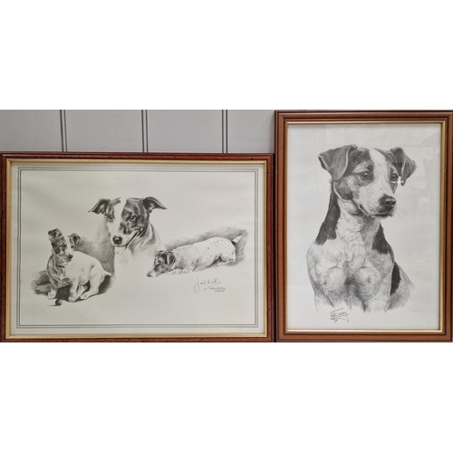 5851 - Two framed pencil prints of Jack Russells, a framed marquetry Venetian scene, a XMAS scene canvas pr... 