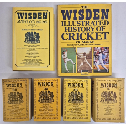 5494 - A collection of 6 Wisden Cricket books. To include 4 Almanack editions 1951, 1952, 1953 & 1992.