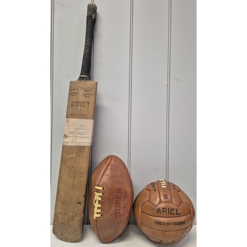 4854 - A trio of vintage sporting items. To include hand sewn leather 'Ariel' football & 'Super' rugby ball... 