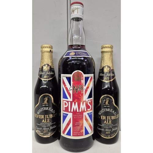 4860 - A 1 Litre bottle of unopened Pimms No.1, together with a pair of sealed Whitbread Silver Jubilee Ale... 