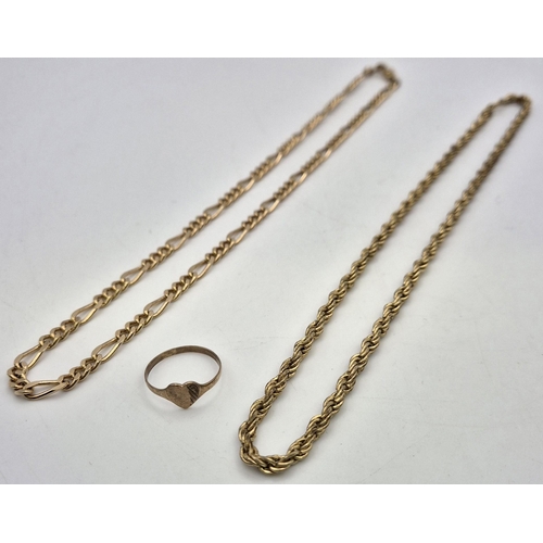 4953 - A 9ct Gold heart-shaped ring (Size L), together with two gold-plated rope chains.