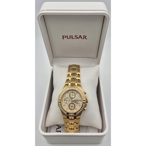 4954 - A pair of his & hers 'Pulsar' gold-coloured watches, unworn in presentation boxes; together with a p... 