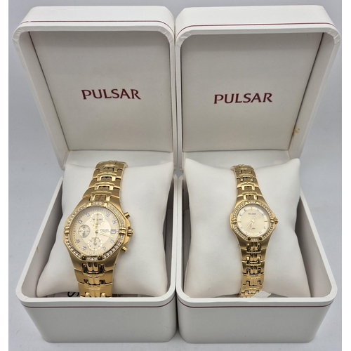 4954 - A pair of his & hers 'Pulsar' gold-coloured watches, unworn in presentation boxes; together with a p... 