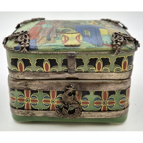 4804 - A charming Japanese trinket box; early 1900's. Enamel decorated with a traditional family scene, ado... 