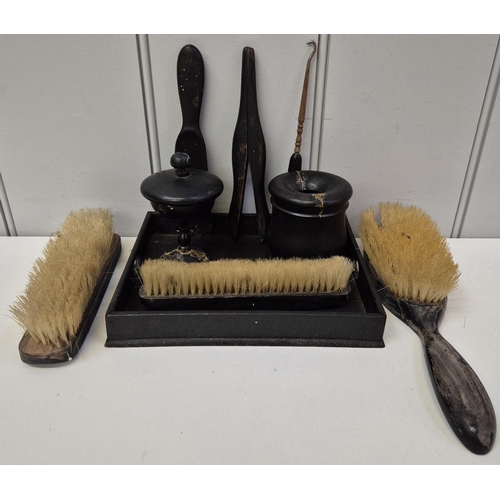 4826 - A collection of vintage, ebony dressing table items. To include clothes brushes, glove stretcher, et... 