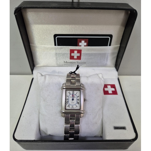 4949 - A boxed gents watch, by 'Montre Suisse', together with a retro 'Casio' watch & 'Metamec' clock.