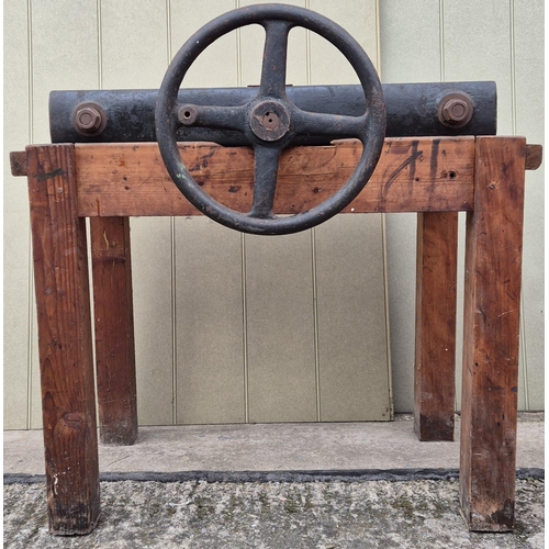 4964 - An early 1900's industrial book binding press, raised on bench legs, with lid/work area. Made by Ham... 