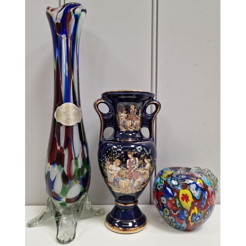 5982 - A mixed lot of three European art-glass pieces, together with a short, twin-handled vase of likely G... 