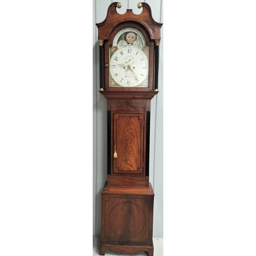 A stunning quality 8-day longcase clock, by Owen Davies, Llanidloes, c.1835-1856. A beautifully painted dial example, with moon features & asymmetrical floral illustrations. Cross-banded flame mahogany case, swan necked pediment & fluted pillars. Complete with redacted copy of purchase receipt from July 1999 (£5000). Vendor advises serviced and in good working order. Dimensions(cm) H226, W53, D28.