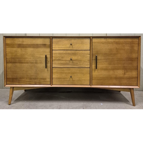 2 - A contemporary, 50's-style solid elm sideboard. Twin cupboards, aside a trio of central drawers, sup... 