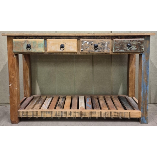 3 - A rustic, four-drawer console table. Dimensions(cm) H76, W120, D40.