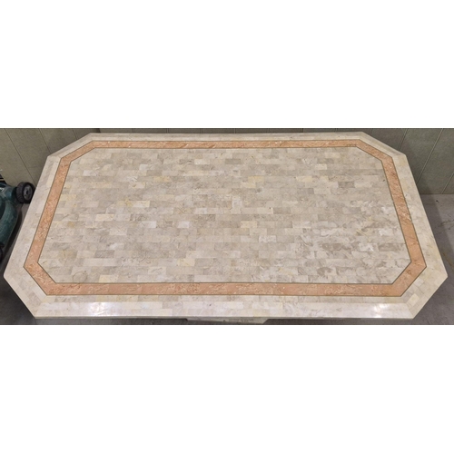 18 - A marble-effect, pedestal dining table. Dimensions(cm) H75, W184, D108.