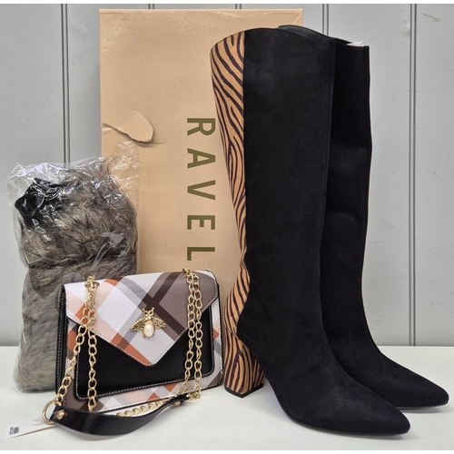 55 - New/Unused - Size 5 Ladies boots from Ravel (boxed), handbag & faux fur scarf/gloves set.