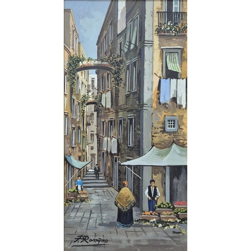 71 - A vibrant Italian street scene, framed oil on board, signed by the artist P Romano. Framed dimension... 