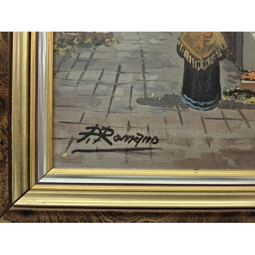 71 - A vibrant Italian street scene, framed oil on board, signed by the artist P Romano. Framed dimension... 