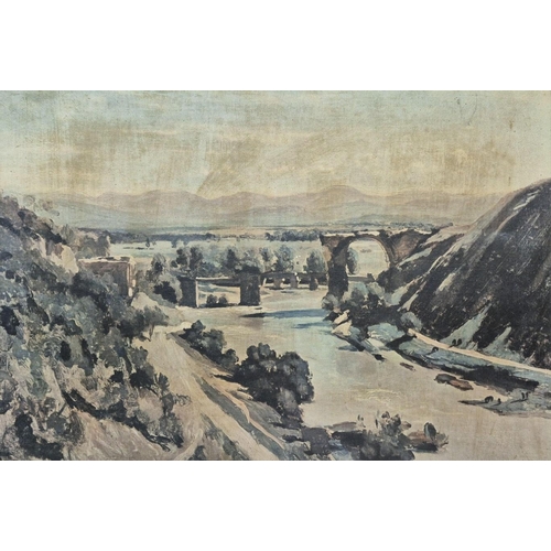 72 - A framed oil on canvas reproduction of Jean Baptiste Corot's - The Bridge at Narni. Frame dates to e... 