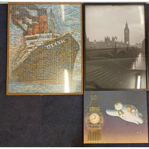 125 - A framed Titanic jigsaw, together with a contemporary framed London scene print & a Snowman canvas.
... 