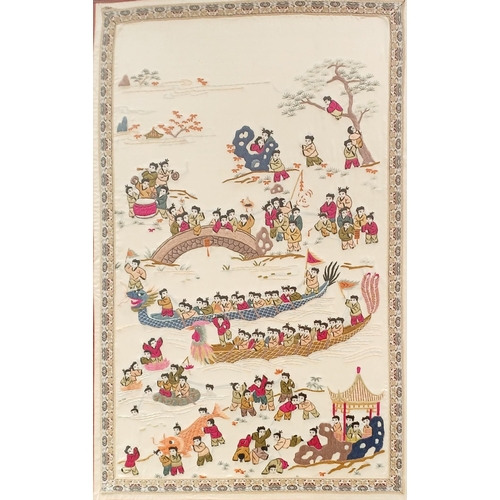 132 - A collection of four framed, embroidered Japanese silks. Largest dimensions 69cm x 49cm.