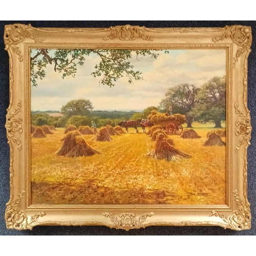 134 - Tony Sheath (British b.1946) gilt framed, signed oil on canvas - 'Loading The Sheaves'. Framed dimen... 