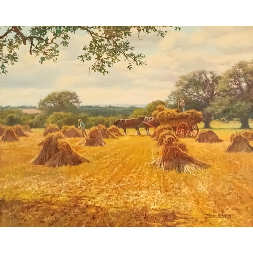 134 - Tony Sheath (British b.1946) gilt framed, signed oil on canvas - 'Loading The Sheaves'. Framed dimen... 