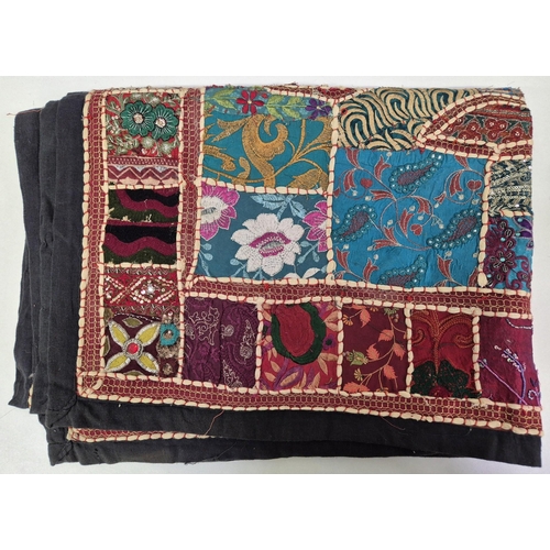 148 - A collection of oriental fabric, wall hanger, rug & shoe holder. Rug dimensions 156cm x 148cm.