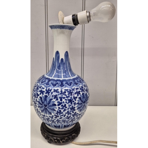 153 - A vintage table lamp/baluster vase conversion, together with an early 20th century bedwarmer. PAT te... 