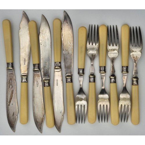 160 - A set of six fish knives & forks, each with silver collars & silver-plated blades.