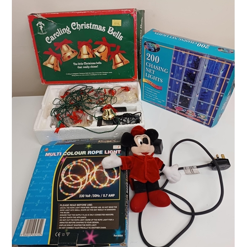 172 - Three sets of boxed/used Christmas lights, together with a plush Mickey Mouse figure by Globo (heigh... 