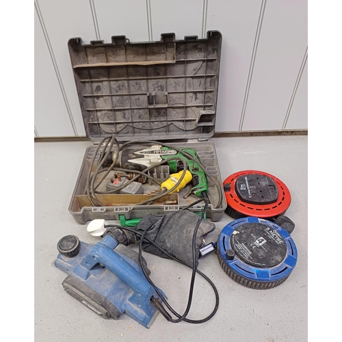 175 - A cased Hitachi DH24PC3 SDS 110V drill, Silver Line planer & two extension reels.  Drill untested. P... 