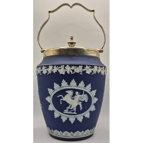 187 - A c.1860's, rare-pattern Wedgwood biscuit barrel, with silver-plated lid. Height 26.5cm, diameter 14... 