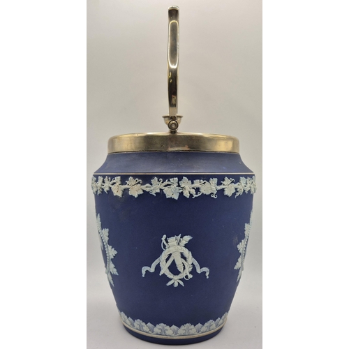 187 - A c.1860's, rare-pattern Wedgwood biscuit barrel, with silver-plated lid. Height 26.5cm, diameter 14... 