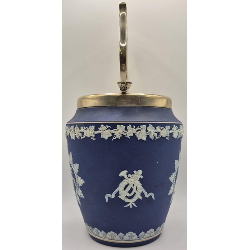 187 - A c.1860's, rare-pattern Wedgwood biscuit barrel, with silver-plated lid. Height 26.5cm, diameter 14... 