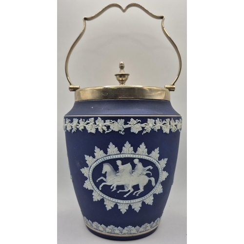 187 - A c.1860's, rare-pattern Wedgwood biscuit barrel, with silver-plated lid. Height 26.5cm, diameter 14... 