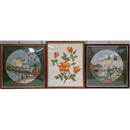 308 - A collection of three framed tapestries. Dimensions(cm) H29.5/29.5/32, W29.5/29.5/26.