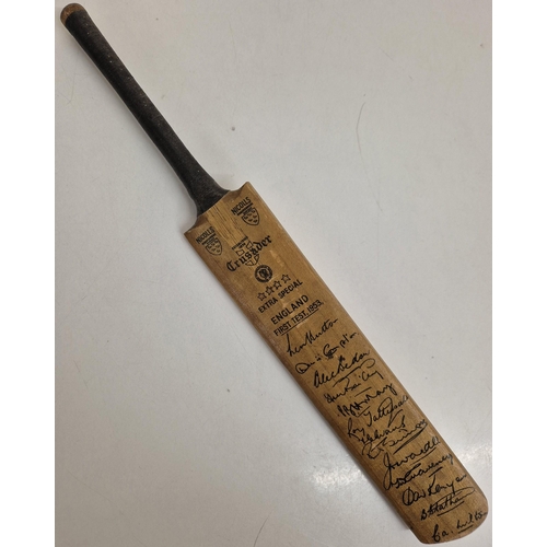 A rare England autographed mini cricket bat from the first 1953 Ashes test, led by Len Hutton, at Trent Bridge. Although the match was drawn, England went on to win the Ashes for the first time since  1932-33.