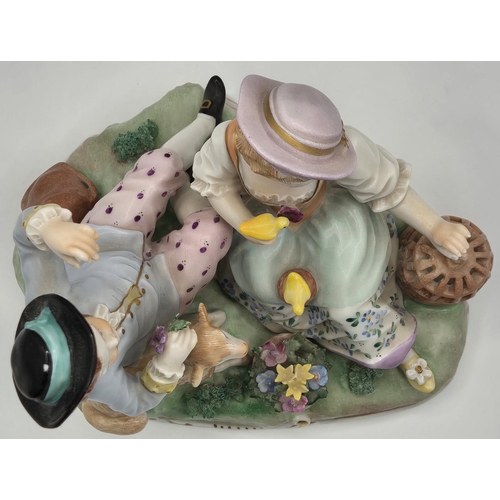 218 - An early 20th century Dresden figurine pair, relaxing with a lamb & bird. numbered 6993U. Dimensions... 