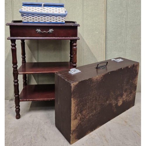 53 - A mixed lot of vintage items, To include a side table, sewing box & wooden case. Table dimensions(cm... 