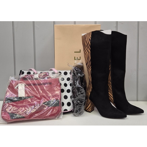 56 - New/Unused - Size 5 Ladies boots from Ravel (boxed), two handbags & faux fur scarf/gloves set.