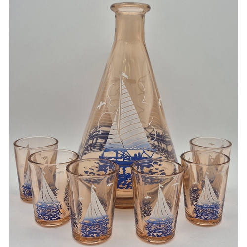 63 - A mid-century, French Peach Glass decanter with six matching glasses. Decanter height 17cm.