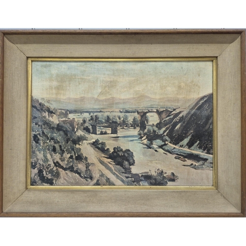 72 - A framed oil on canvas reproduction of Jean Baptiste Corot's - The Bridge at Narni. Frame dates to e... 