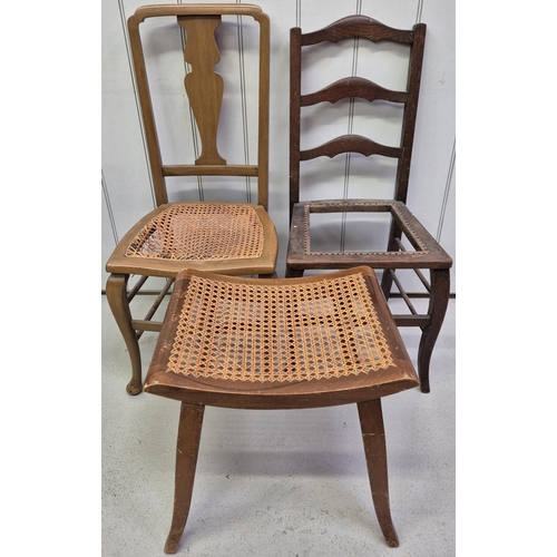 89 - A vintage cane-seated chair with similar styled footstool, together with a hollow ladderback chair. ... 