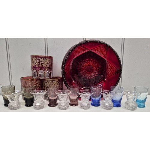 103 - A collection of mid-century glassware. To include a ruby red crystal bowl, three Italian red & gold-... 