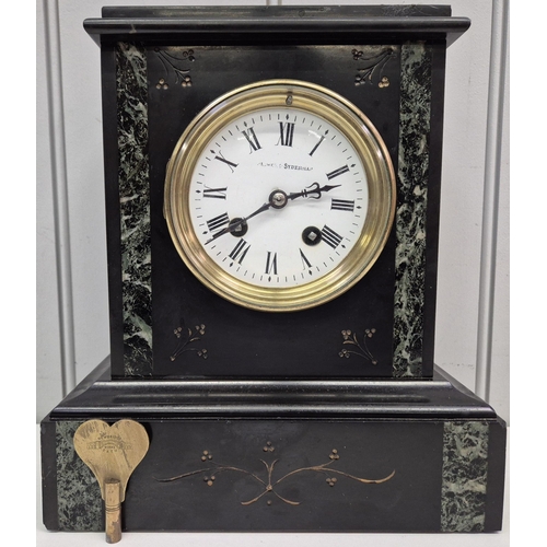 119 - An Edwardian Bracher & Sydenham slate & marble mantle clock. Complete with key. Mechanism stamped '9... 