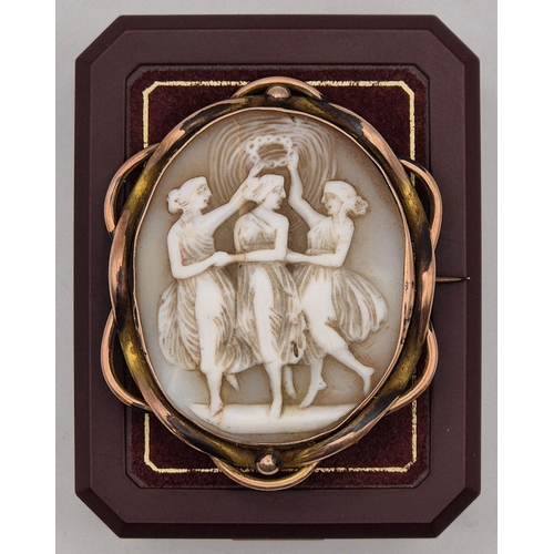 201 - A 9ct rolled-gold framed cameo brooch, depicting three dancing ladies.