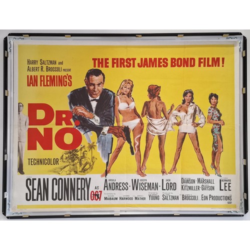 James Bond - Dr No original UK Quad Poster, from 1962. 

One of the rarest & iconic of all British movie posters. Recognised as the first poster from the initial mainstream Bond movie 'Dr. No'. Released in 1962, starring the marvellous Sean Connery as 007.

This is an original first year of release poster by the artist, Mitchell Hooks & printed by Stafford & Co, Ltd. Netherfield, Nottingham and London features Connery as Bond with his infamous Walter PPK handgun, four 'Bond girls' headed by the bikini-clad  Ursula Andress, along with a partial frame of the sinister 'Dr. No'.

The poster has shallow fold marks & has been kept by the vendor in 'a safe place' since boyhood. As such the colours appear as vibrant as it would have back in 1962 - thus adding to its rarity. 

The poster is now presented in a perspex covered snap-frame, but would benefit from professional framing to display to its best effect. There are a couple of minute tears to the very outer border (as pictured). No restoration has been undertaken. 

Unframed dimensions: 40"x30" (101cmx76 cm)