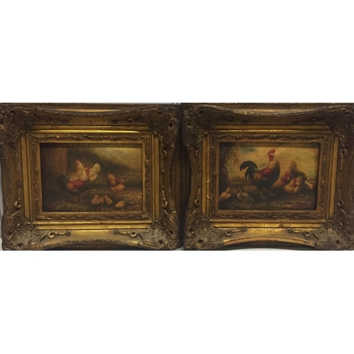 A pair of ornately framed, likely 19th century, oils on canvas, depicting farmyard scenes, in the style of Edgar Hunt. Each signed 'Hunt' in red. Canvasses stamped to the reverse 'Higgins and Bowers, Tower Bridge Road, London'. Framed dimensions  24cm x 29cm.