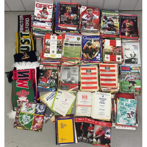 607 - A large collection of approx. 370 rugby programmes & scarves. To include mostly Gloucester RFC & oth... 