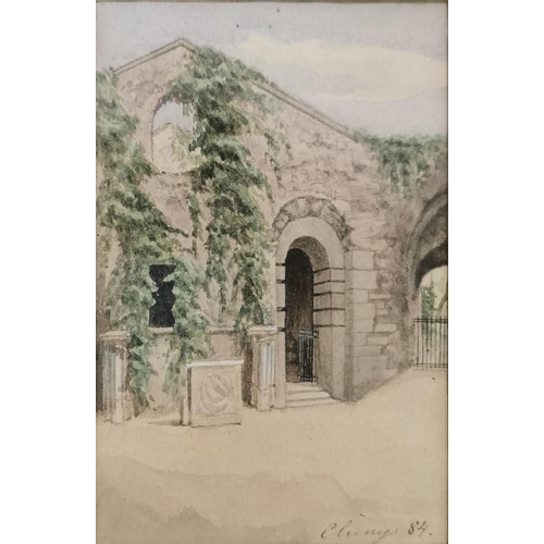 401 - A framed watercolour of an ivy-clad building, signed 'Cluny 84'. Framed dimensions 26cm x 20cm.