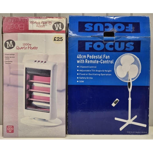 1462 - A boxed Focus pedestal fan, together with a Morrisons 1200W heater. PAT test passes & functionality ... 